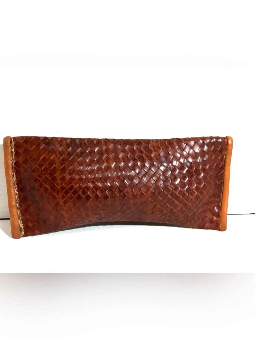 Vintage distressed Woven Leather Clutch in Rich Brown with Tan Trim